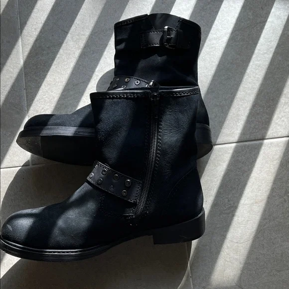 Vintage Foundry Co. “Miriam” Black Suede Buckle Ankle Moto / Combat Boots - Picture 3 of 8